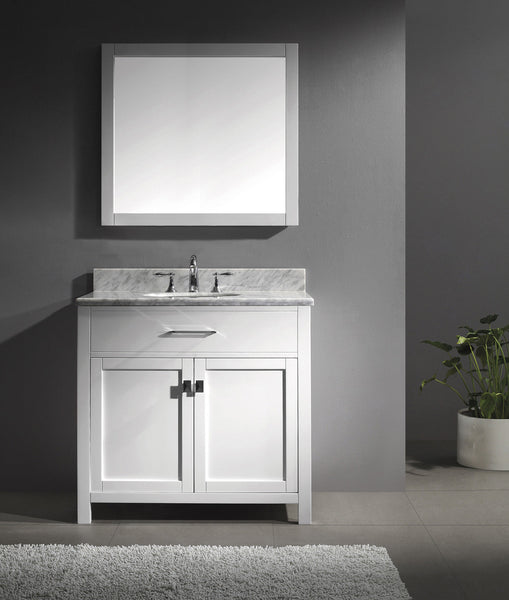 Virtu USA Caroline 36" Single Bath Vanity in White with White Marble Top and Round Sink with Matching Mirror - Luxe Bathroom Vanities