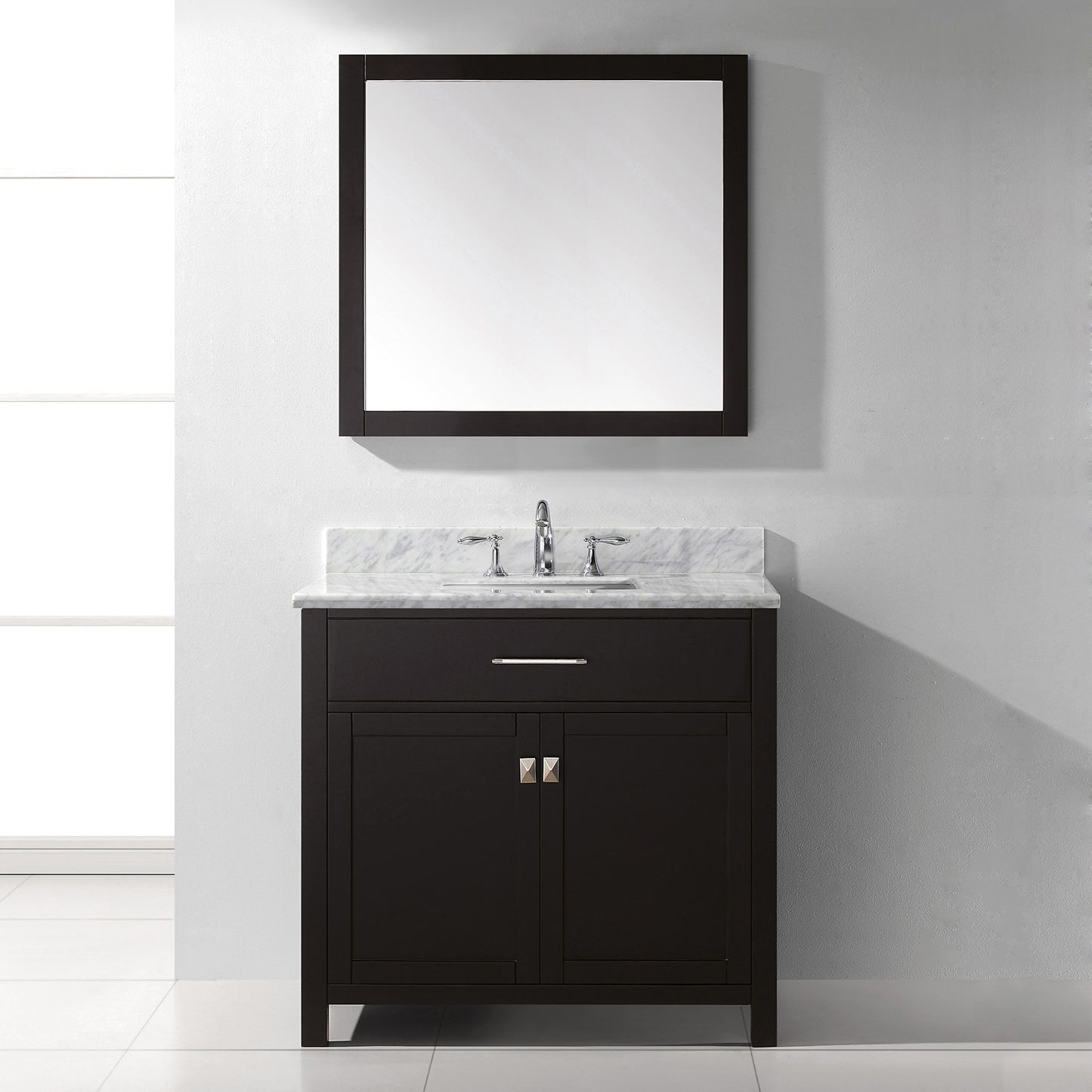 Virtu USA Caroline 36" Single Bath Vanity with Marble Top and Square Sink with Brushed Nickel Faucet and Mirror - Luxe Bathroom Vanities Luxury Bathroom Fixtures Bathroom Furniture