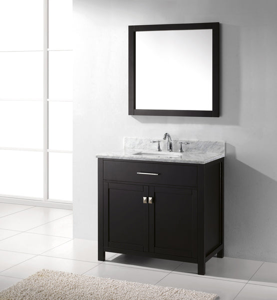 Virtu USA Caroline 36" Single Bath Vanity with Marble Top and Square Sink with Brushed Nickel Faucet and Mirror - Luxe Bathroom Vanities Luxury Bathroom Fixtures Bathroom Furniture