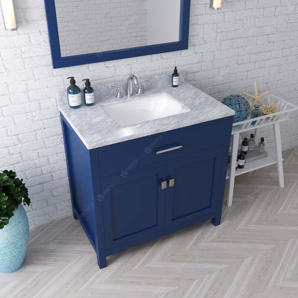 Virtu USA Caroline 36" Single Bath Vanity with White Marble Top and Square Sink with Matching Mirror - Luxe Bathroom Vanities