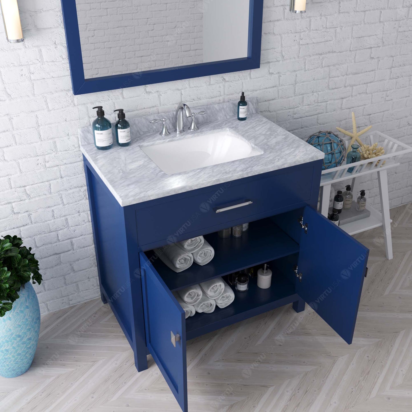 Virtu USA Caroline 36" Single Bath Vanity with White Marble Top and Square Sink with Brushed Nickel Faucet with Matching Mirror - Luxe Bathroom Vanities