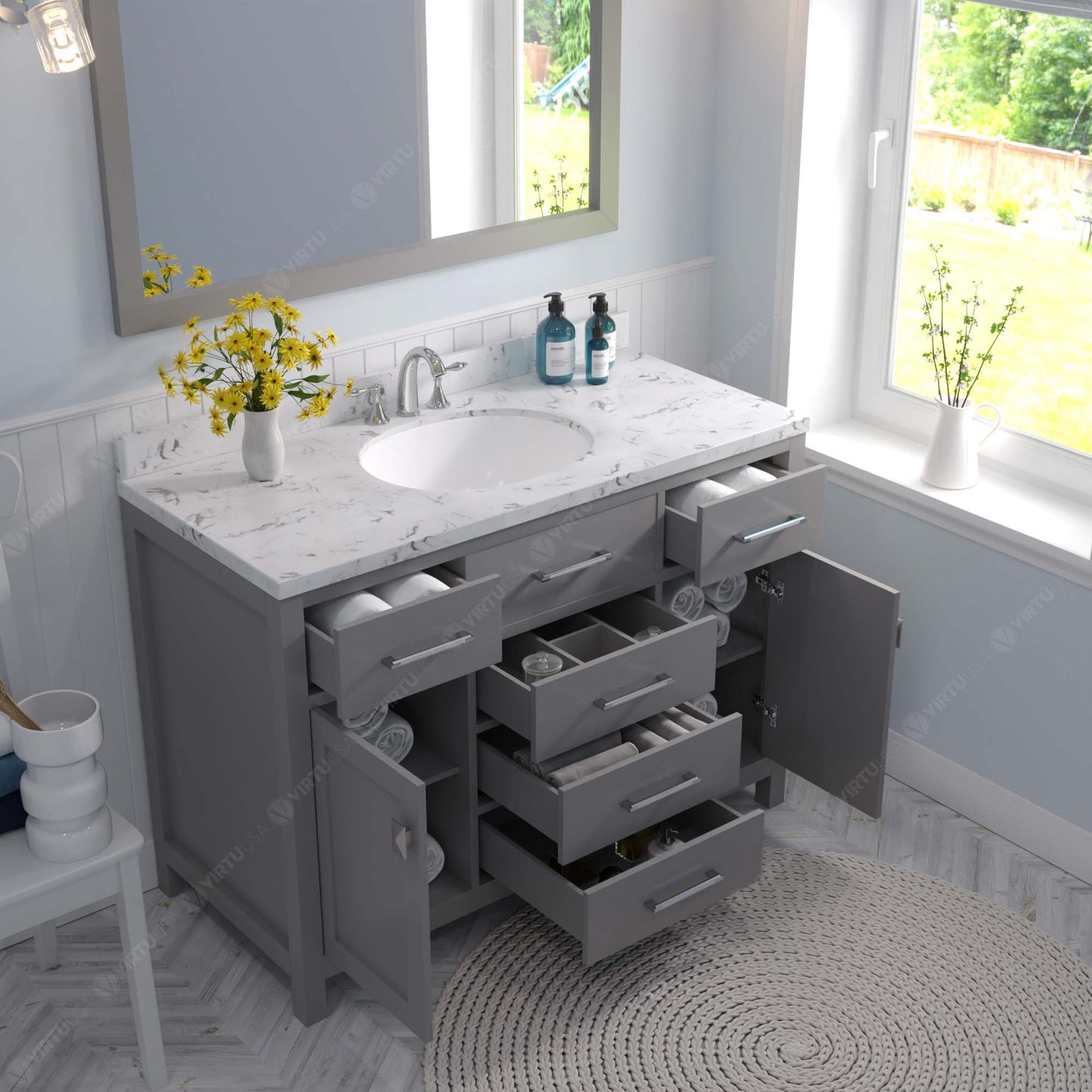 Virtu USA Caroline 48" Single Bath Vanity in Cashmere Gray with White Quartz Top and Round Sink with Polished Chrome Faucet with Matching Mirror - Luxe Bathroom Vanities