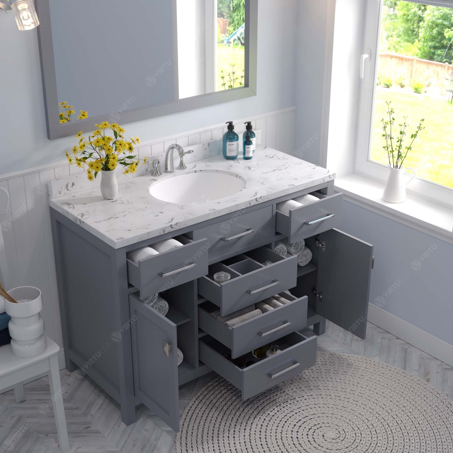 Virtu USA Caroline 48" Single Bath Vanity in Cashmere Gray with White Quartz Top and Round Sink with Brushed Nickel Faucet with Matching Mirror - Luxe Bathroom Vanities