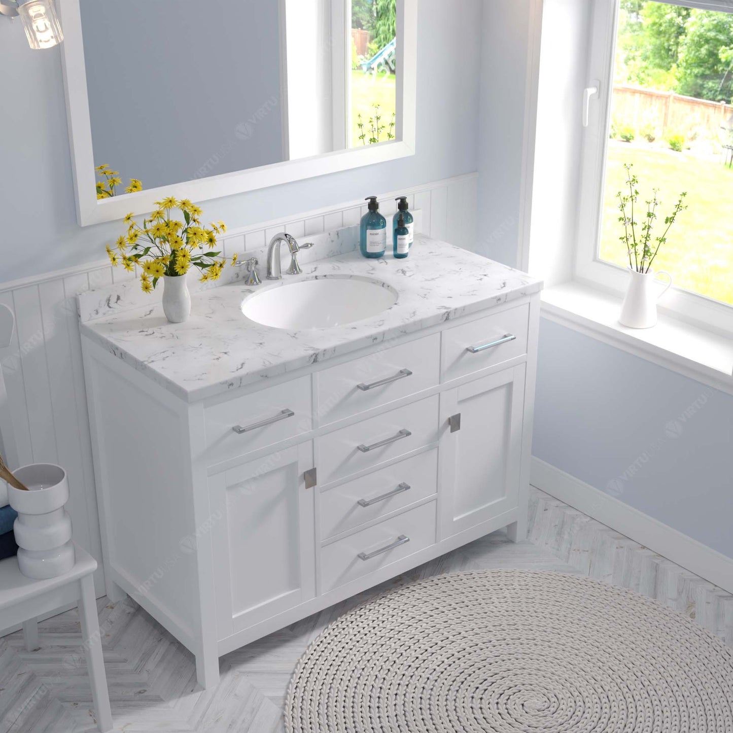 Virtu USA Caroline 48" Single Bath Vanity in Cashmere Gray with White Quartz Top and Round Sink with Matching Mirror - Luxe Bathroom Vanities