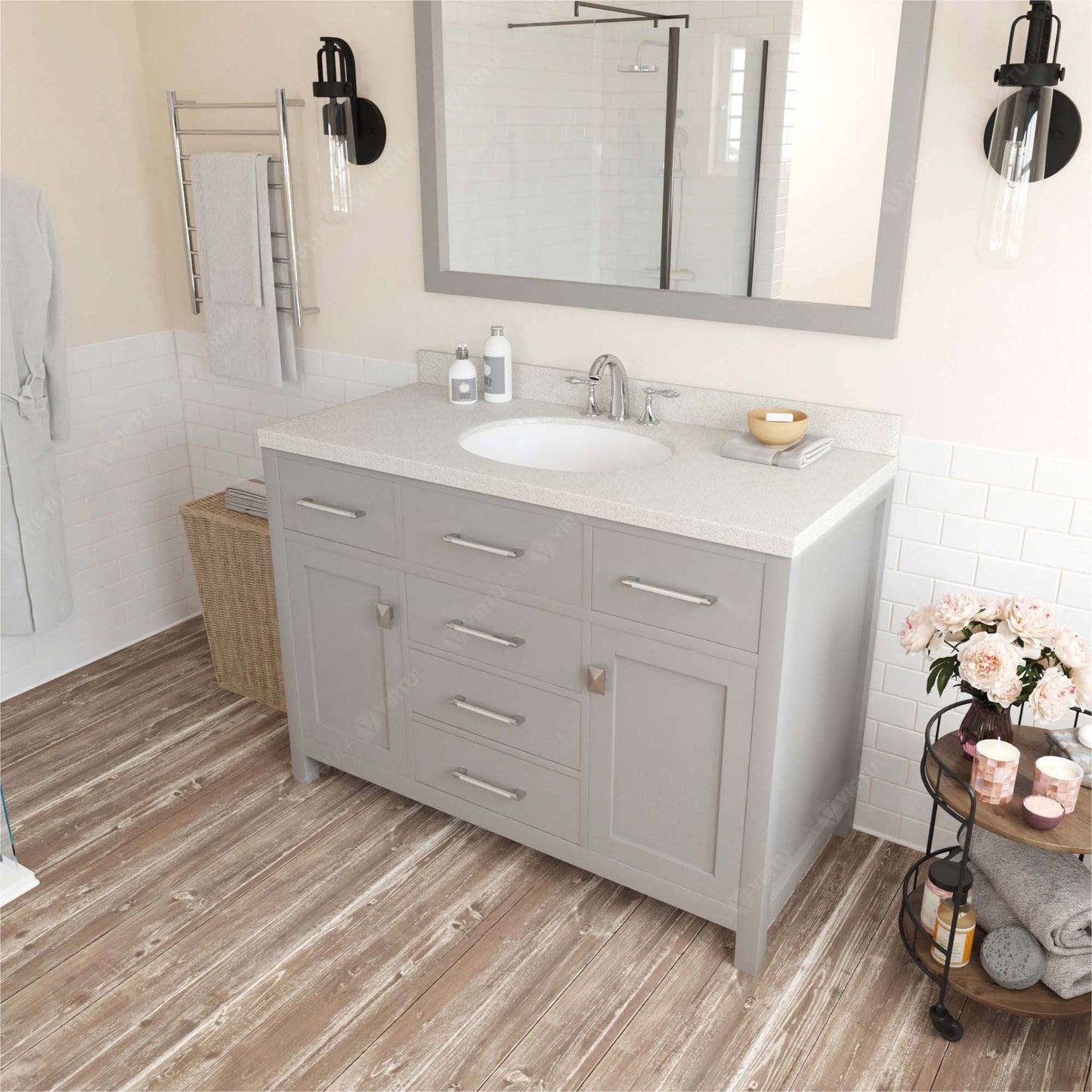 Virtu USA Caroline 48" Single Bath Vanity with Dazzle White Top and Round Sink with Mirror - Luxe Bathroom Vanities