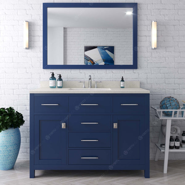 Virtu USA Caroline 48" Single Bath Vanity with Dazzle White Quartz Top and Round Sink with Polished Chrome Faucet with Matching Mirror - Luxe Bathroom Vanities