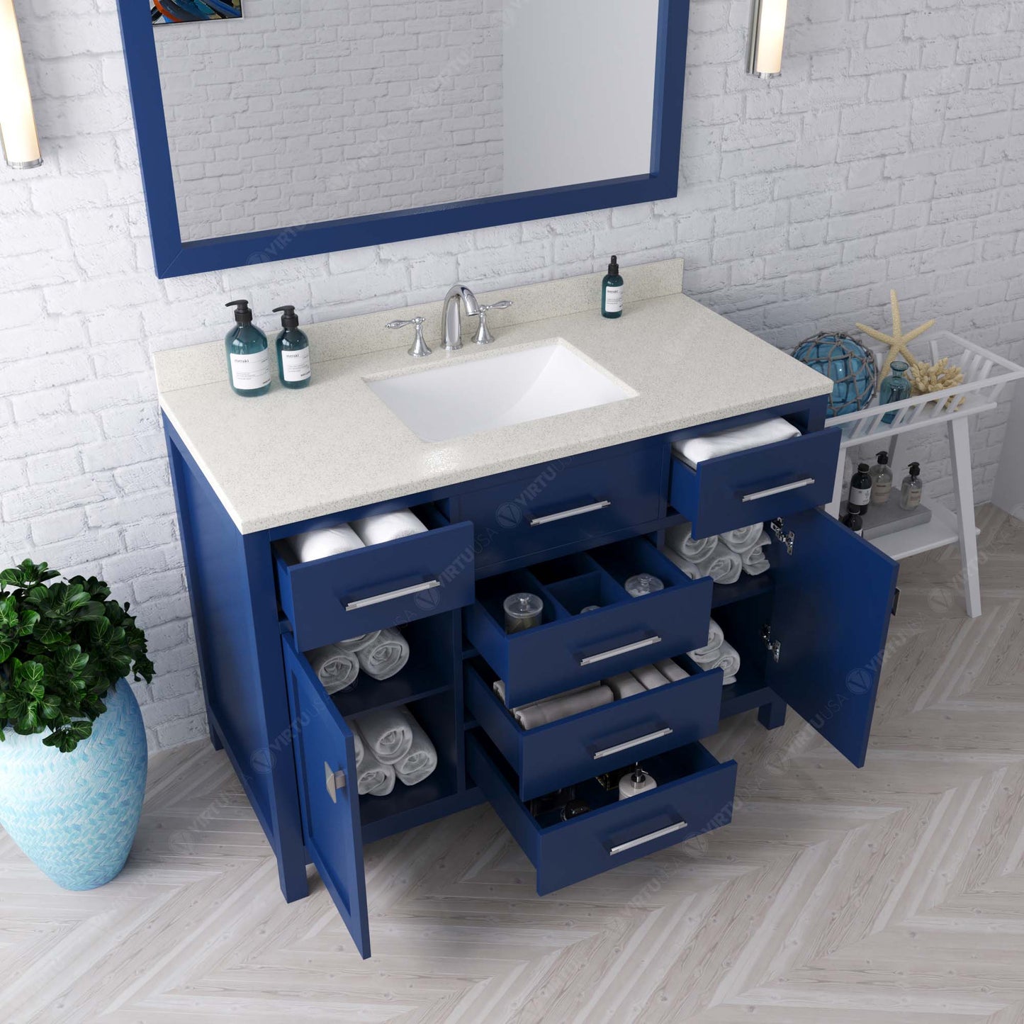 Virtu USA Caroline 48" Single Bath Vanity with White Quartz Top and Square Sink with Matching Mirror - Luxe Bathroom Vanities