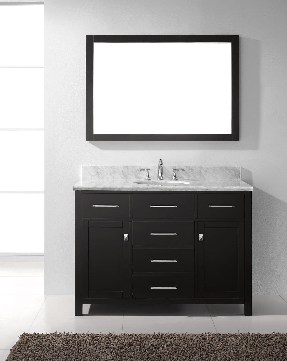 Virtu USA Caroline 48" Single Bath Vanity with White Marble Top and Round Sink with Brushed Nickel Faucet with Matching Mirror - Luxe Bathroom Vanities