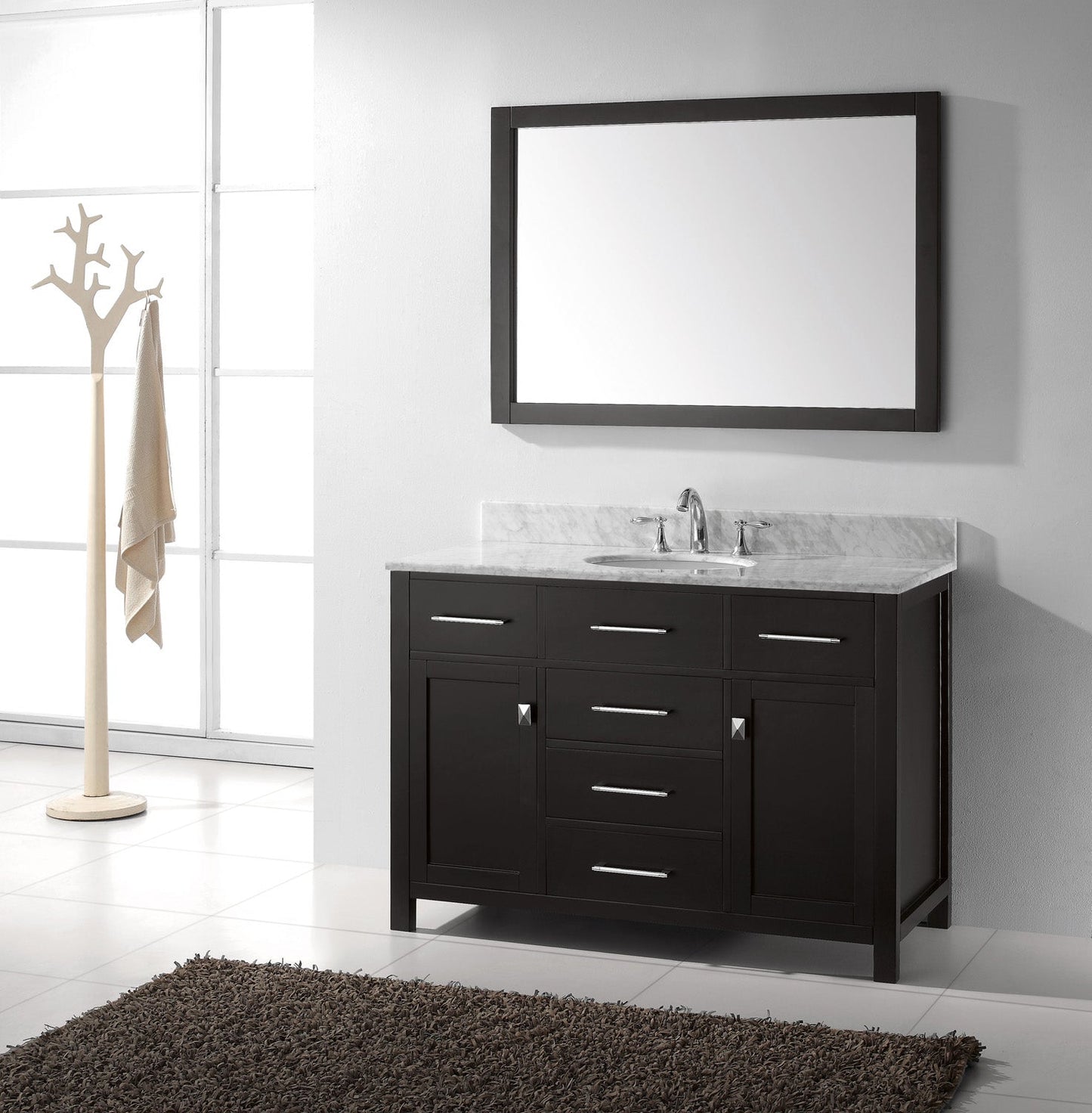 Virtu USA Caroline 48" Single Bath Vanity with White Marble Top and Round Sink with Brushed Nickel Faucet with Matching Mirror - Luxe Bathroom Vanities