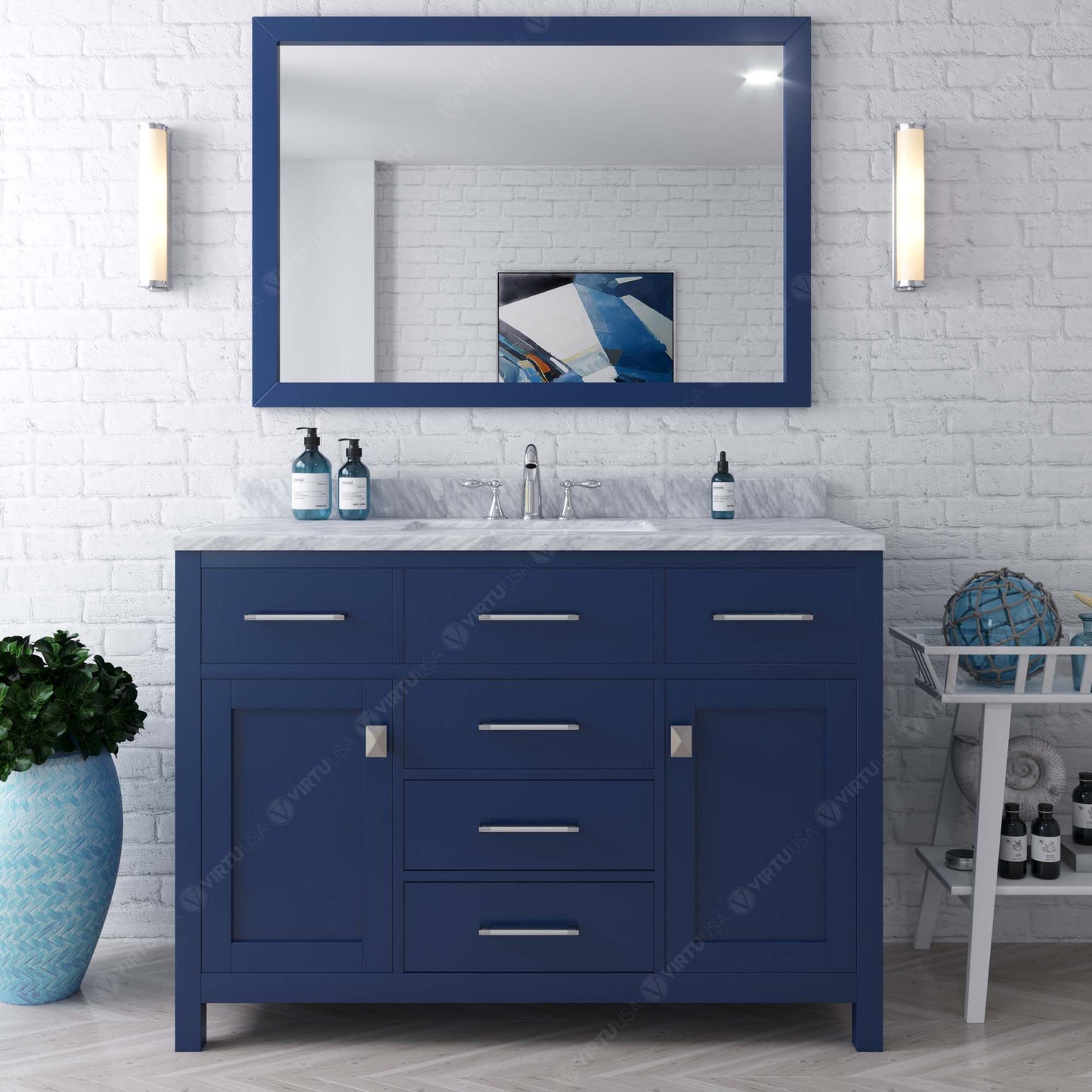 Virtu USA Caroline 48" Single Bath Vanity with White Marble Top and Round Sink with Matching Mirror - Luxe Bathroom Vanities