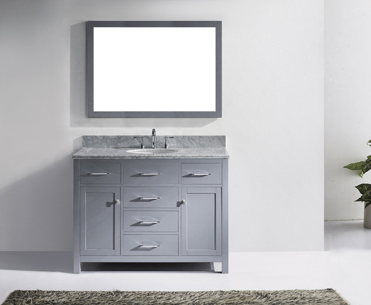 Virtu USA Caroline 48" Single Bath Vanity with White Marble Top and Round Sink with Brushed Nickel Faucet with Matching Mirror - Luxe Bathroom Vanities