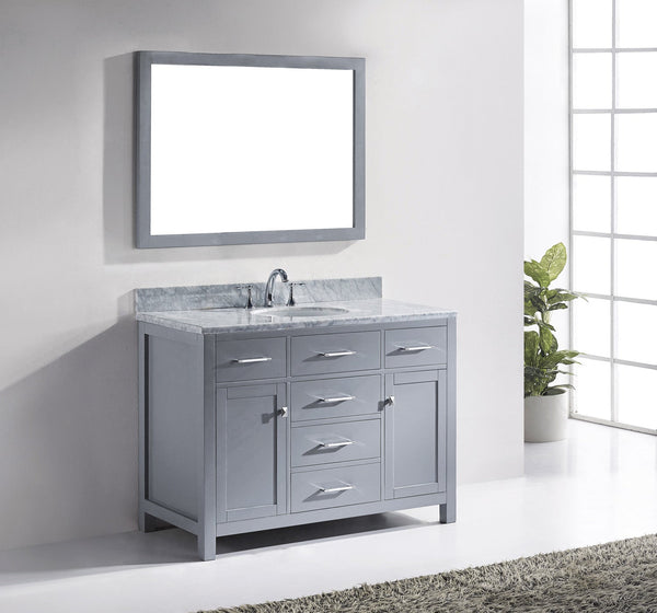 Virtu USA Caroline 48" Single Bath Vanity with White Marble Top and Round Sink with Brushed Nickel Faucet with Matching Mirror - Luxe Bathroom Vanities