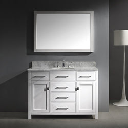 Virtu USA Caroline 48" Single Bath Vanity with White Marble Top and Round Sink with Brushed Nickel Faucet with Matching Mirror - Luxe Bathroom Vanities