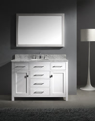 Virtu USA Caroline 48" Single Bath Vanity with White Marble Top and Round Sink with Brushed Nickel Faucet with Matching Mirror - Luxe Bathroom Vanities