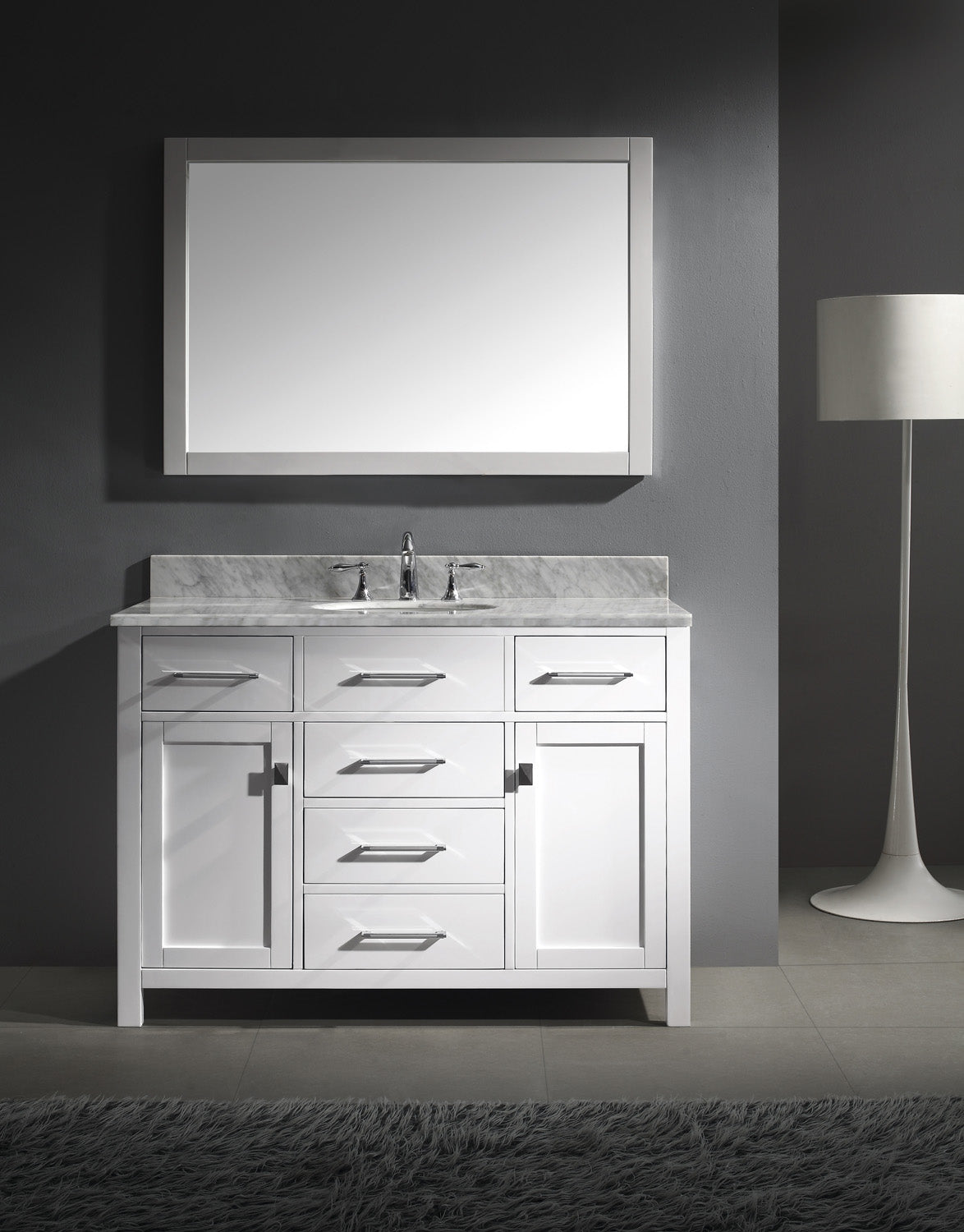 Virtu USA Caroline 48" Single Bath Vanity with White Marble Top and Square Sink with Polished Chrome Faucet with Matching Mirror - Luxe Bathroom Vanities