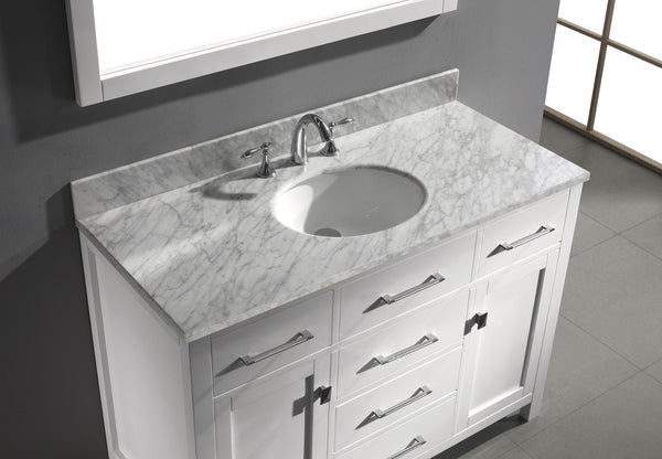 Virtu USA Caroline 48" Single Bath Vanity with White Marble Top and Round Sink with Matching Mirror - Luxe Bathroom Vanities