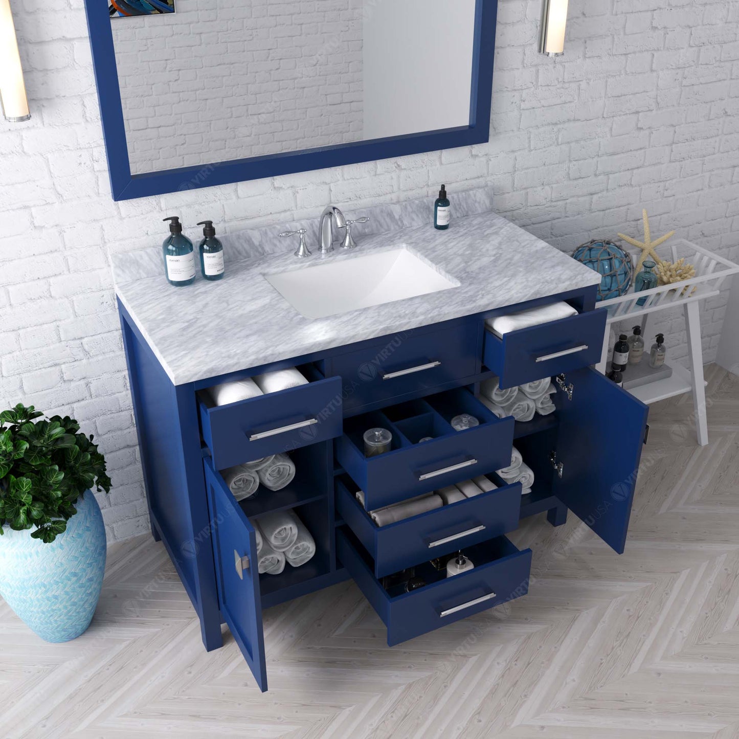 Virtu USA Caroline 48" Single Bath Vanity with White Marble Top and Square Sink with Matching Mirror - Luxe Bathroom Vanities