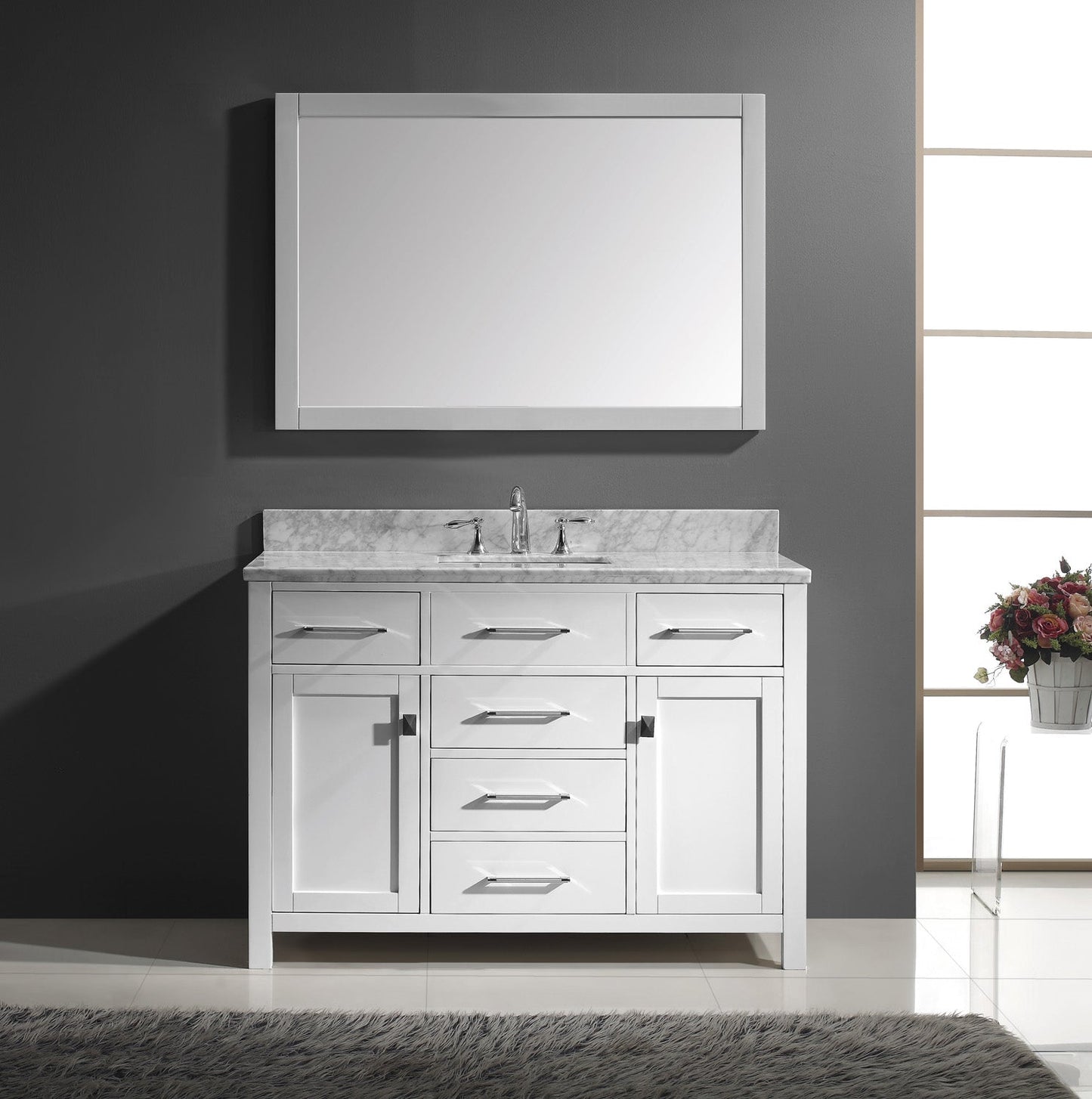 Virtu USA Caroline 48" Single Bath Vanity with White Marble Top and Square Sink with Brushed Nickel Faucet with Matching Mirror - Luxe Bathroom Vanities