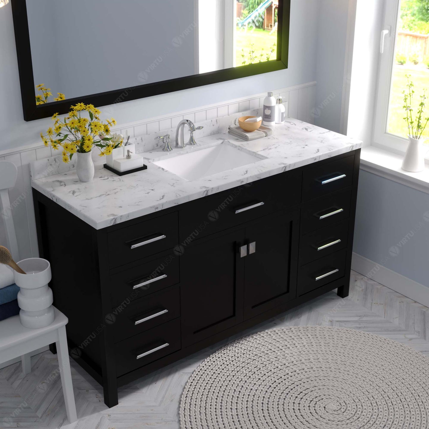 Virtu USA Caroline 60" Single Bath Vanity in Cashmere Gray with White Quartz Top and Square Sink with Polished Chrome Faucet with Matching Mirror - Luxe Bathroom Vanities