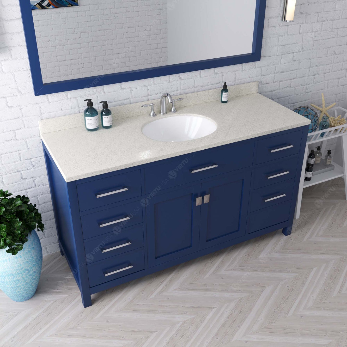 Virtu USA Caroline 60" Single Bath Vanity with Dazzle White Quartz Top and Round Sink with Matching Mirror - Luxe Bathroom Vanities