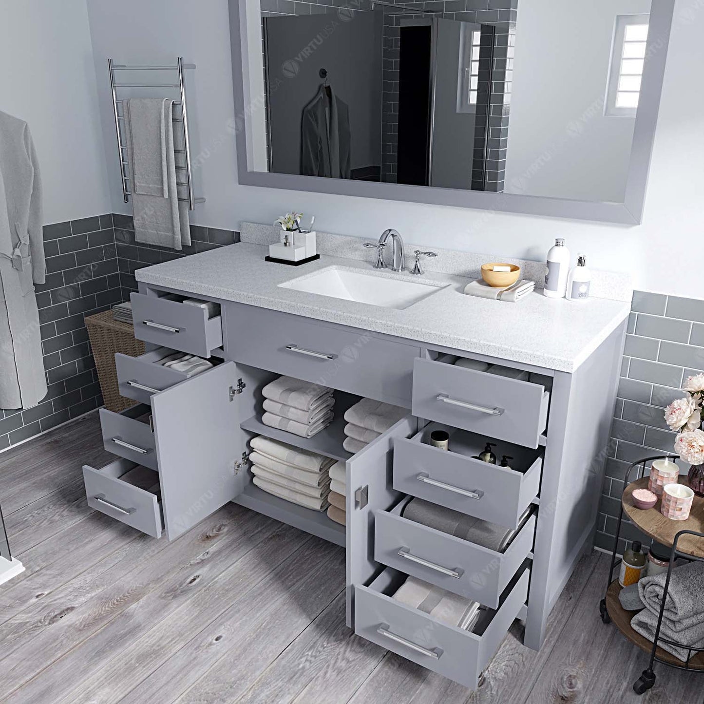 Virtu USA Caroline 60" Single Bath Vanity with Dazzle White Top and Square Sink with Mirror - Luxe Bathroom Vanities