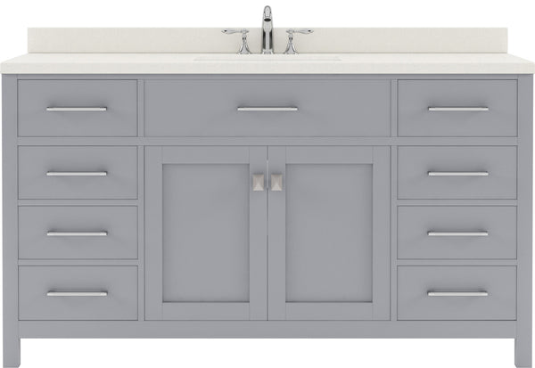 Virtu USA Caroline 60" Single Bath Vanity with White Quartz Top and Square Sink with Polished Chrome Faucet with Matching Mirror - Luxe Bathroom Vanities