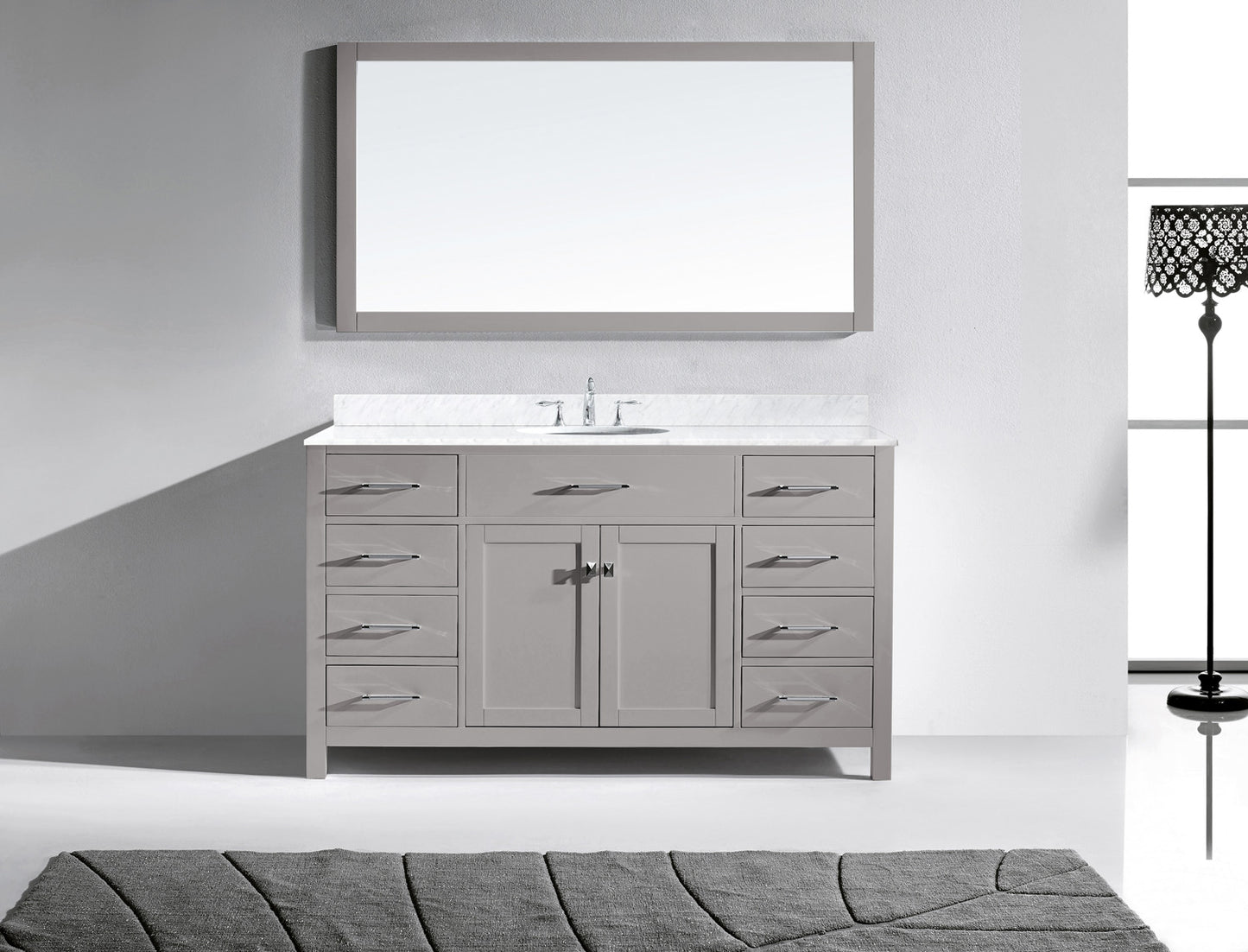 Virtu USA Caroline 60" Single Bath Vanity in Cashmere Grey with Marble Top and Round Sink with Polished Chrome Faucet and Mirror - Luxe Bathroom Vanities Luxury Bathroom Fixtures Bathroom Furniture