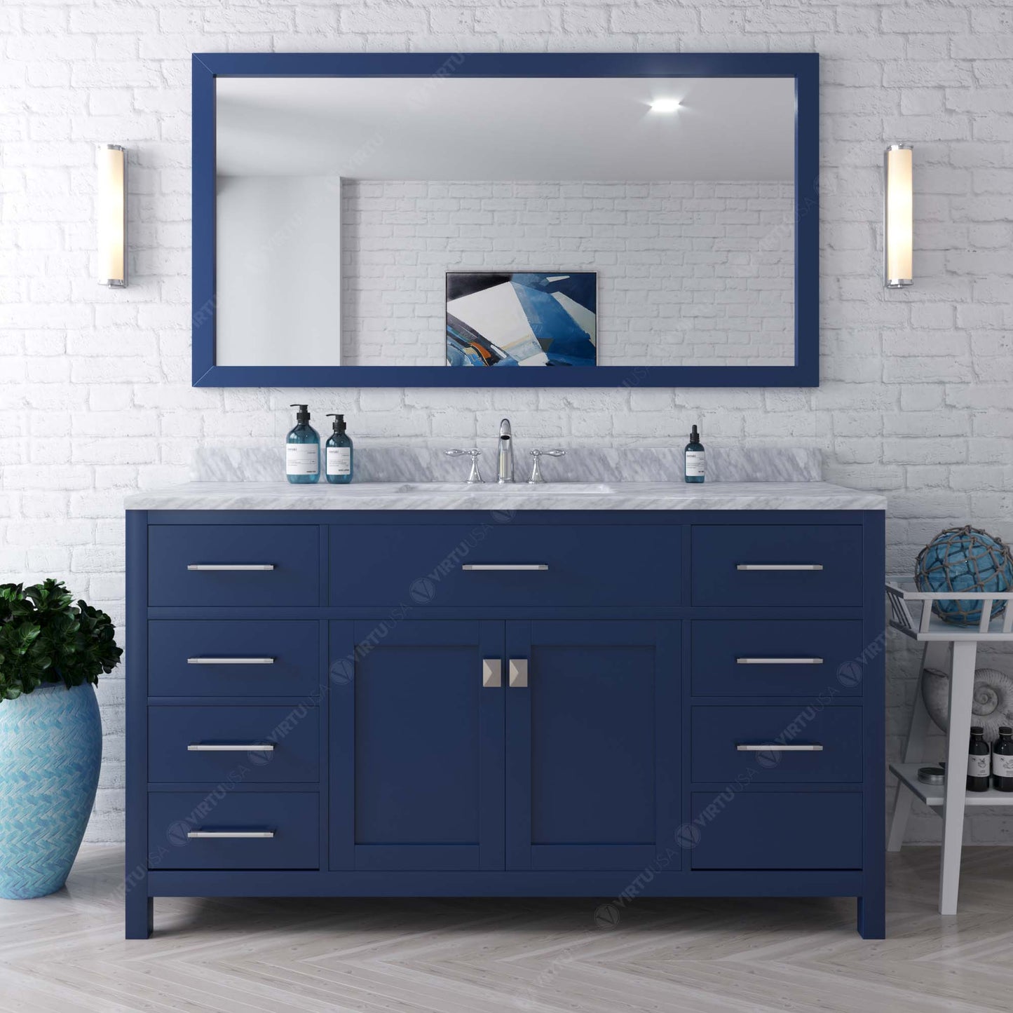 Virtu USA Caroline 60" Single Bath Vanity with White Marble Top and Round Sink with Brushed Nickel Faucet with Matching Mirror - Luxe Bathroom Vanities