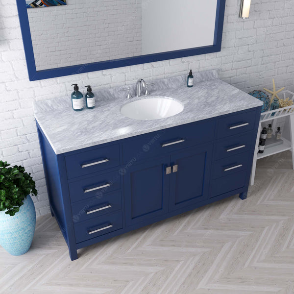 Virtu USA Caroline 60" Single Bath Vanity with White Marble Top and Round Sink with Matching Mirror - Luxe Bathroom Vanities