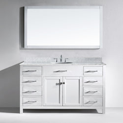 Virtu USA Caroline 60" Single Bath Vanity with White Marble Top and Round Sink with Polished Chrome Faucet with Matching Mirror - Luxe Bathroom Vanities
