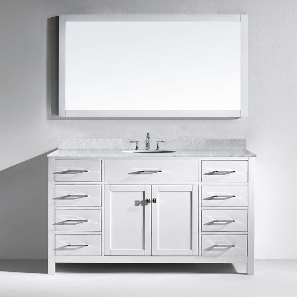 Virtu USA Caroline 60" Single Bath Vanity with White Marble Top and Round Sink with Brushed Nickel Faucet with Matching Mirror - Luxe Bathroom Vanities