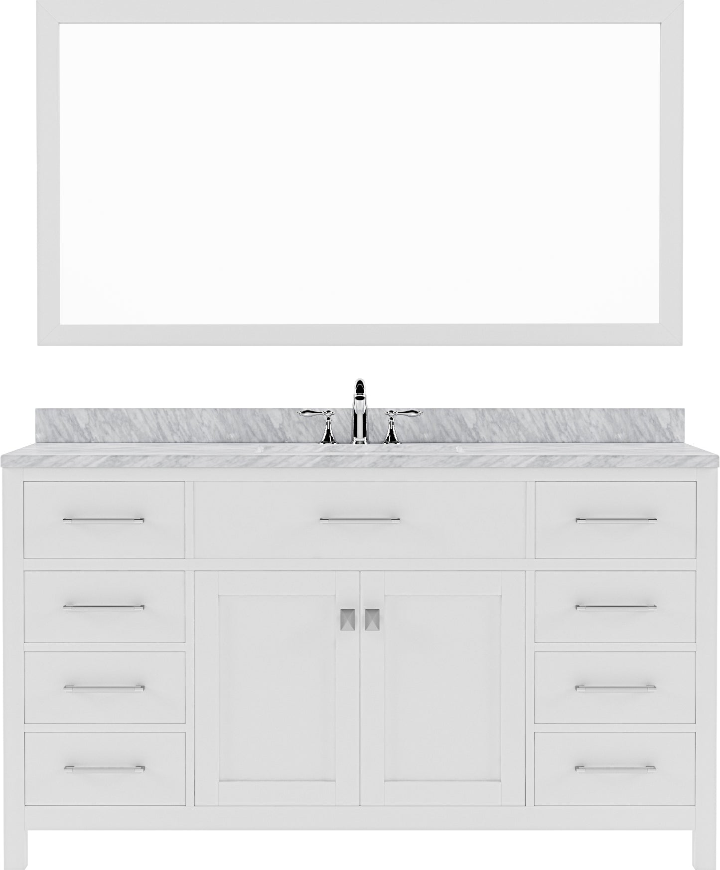 Virtu USA Caroline 60" Single Bath Vanity with White Marble Top and Round Sink with Brushed Nickel Faucet with Matching Mirror - Luxe Bathroom Vanities