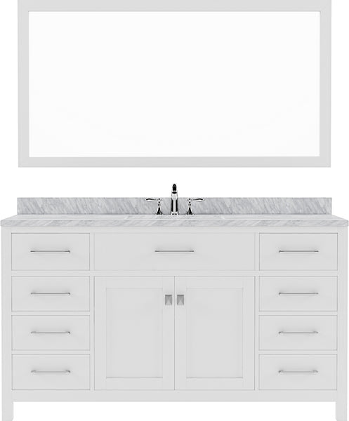 Virtu USA Caroline 60" Single Bath Vanity with White Marble Top and Round Sink with Brushed Nickel Faucet with Matching Mirror - Luxe Bathroom Vanities