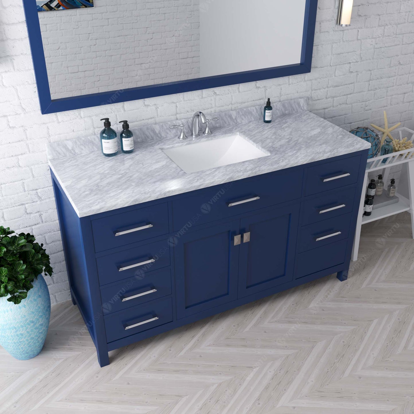 Virtu USA Caroline 60" Single Bath Vanity with White Marble Top and Square Sink with Polished Chrome Faucet with Matching Mirror - Luxe Bathroom Vanities