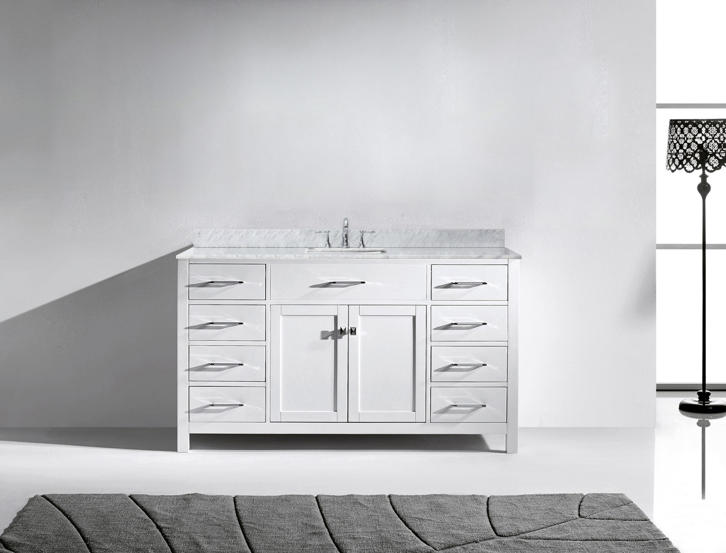 Virtu USA Caroline 60" Single Bath Vanity with White Marble Top and Square Sink with Brushed Nickel Faucet - Luxe Bathroom Vanities