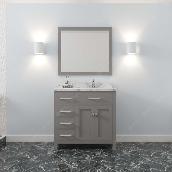 Virtu USA Caroline Parkway 36" Single Bath Vanity with White Quartz Top and Round Sink with Polished Chrome Faucet with Matching Mirror - Luxe Bathroom Vanities