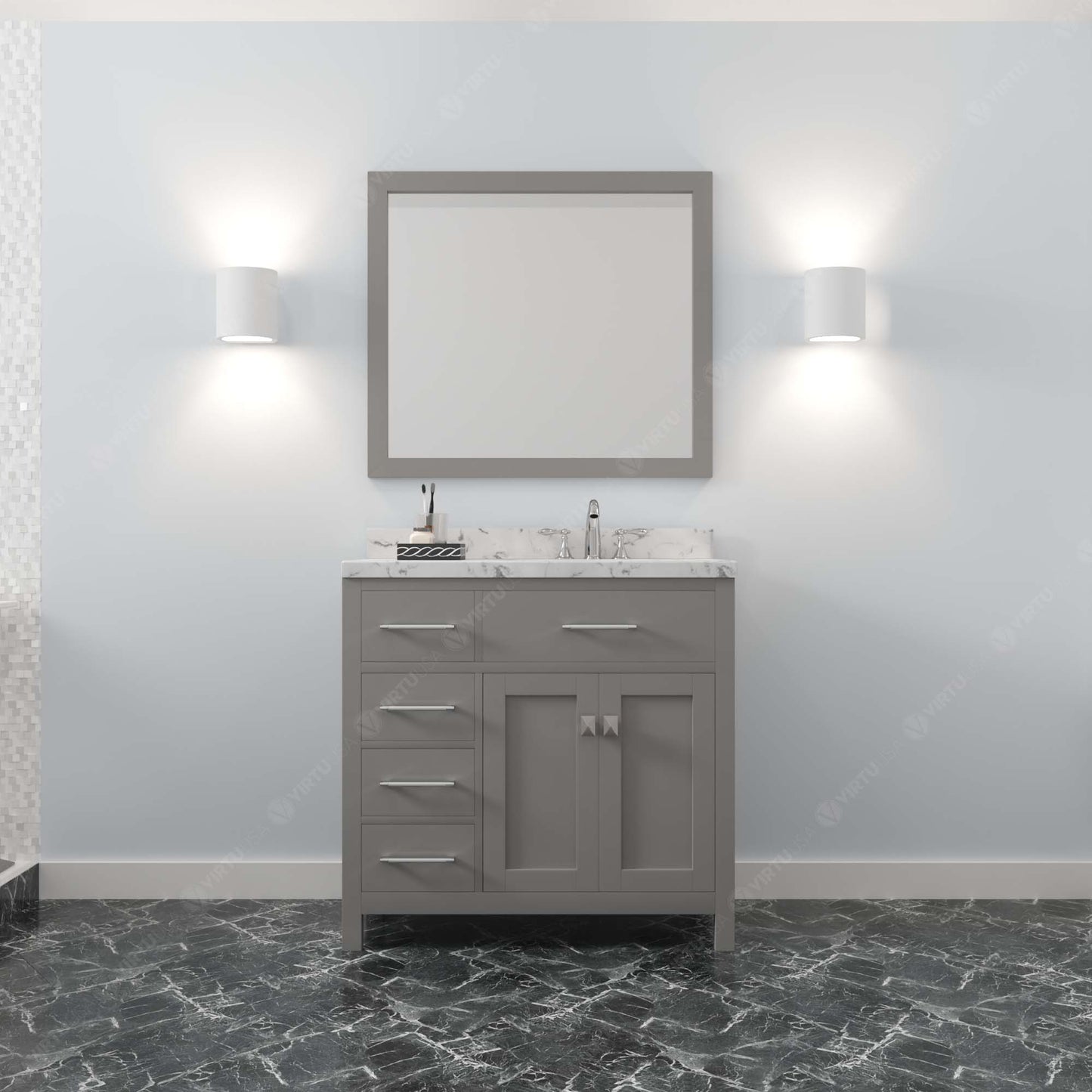 Virtu USA Caroline Parkway 36" Single Bath Vanity with White Quartz Top and Square Sink with Brushed Nickel Faucet with Matching Mirror - Luxe Bathroom Vanities