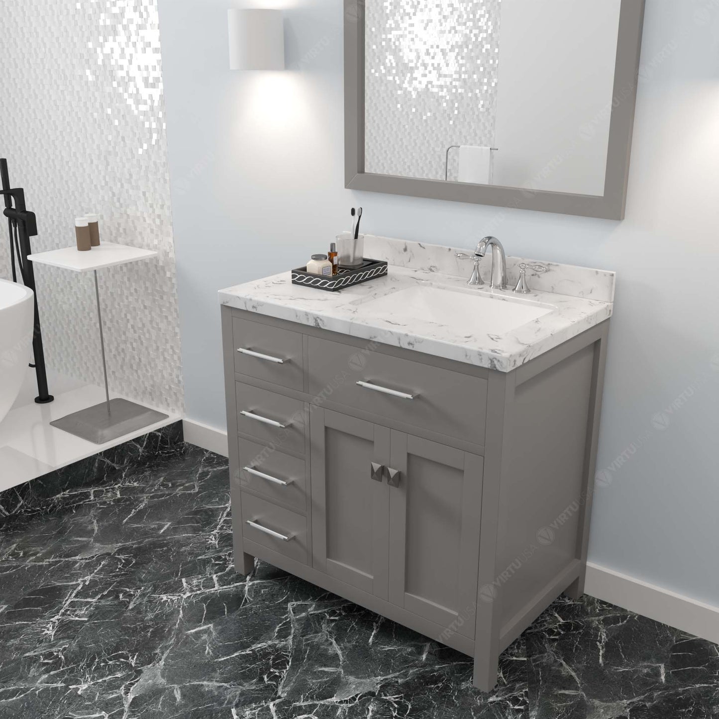 Virtu USA Caroline Parkway 36" Single Bath Vanity with White Quartz Top and Square Sink with Polished Chrome Faucet with Matching Mirror - Luxe Bathroom Vanities