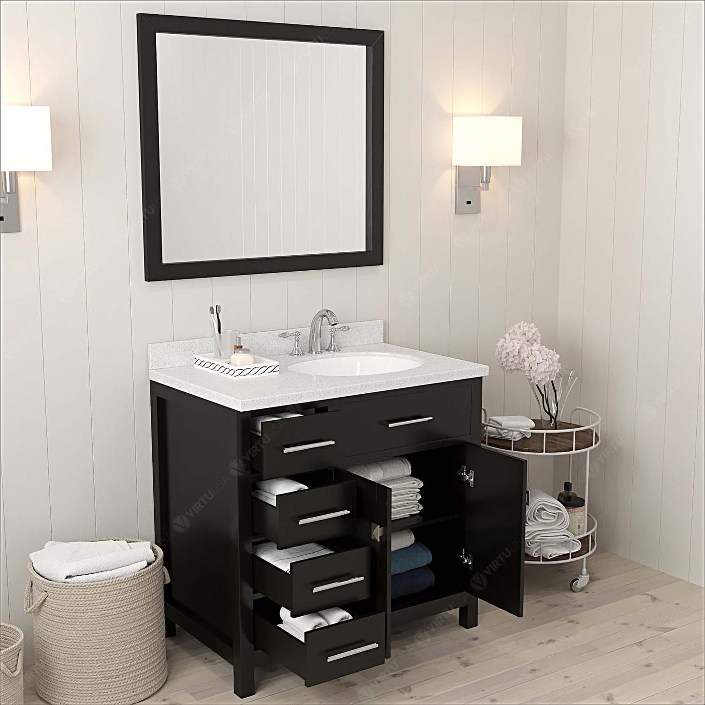 Virtu USA Caroline Parkway 36" Single Bath Vanity with Dazzle White Top and Round Sink with Mirror - Luxe Bathroom Vanities Luxury Bathroom Fixtures Bathroom Furniture