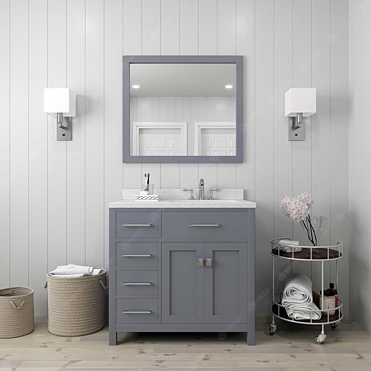 Virtu USA Caroline Parkway 36" Single Bath Vanity with Dazzle White Top and Round Sink with Mirror - Luxe Bathroom Vanities Luxury Bathroom Fixtures Bathroom Furniture