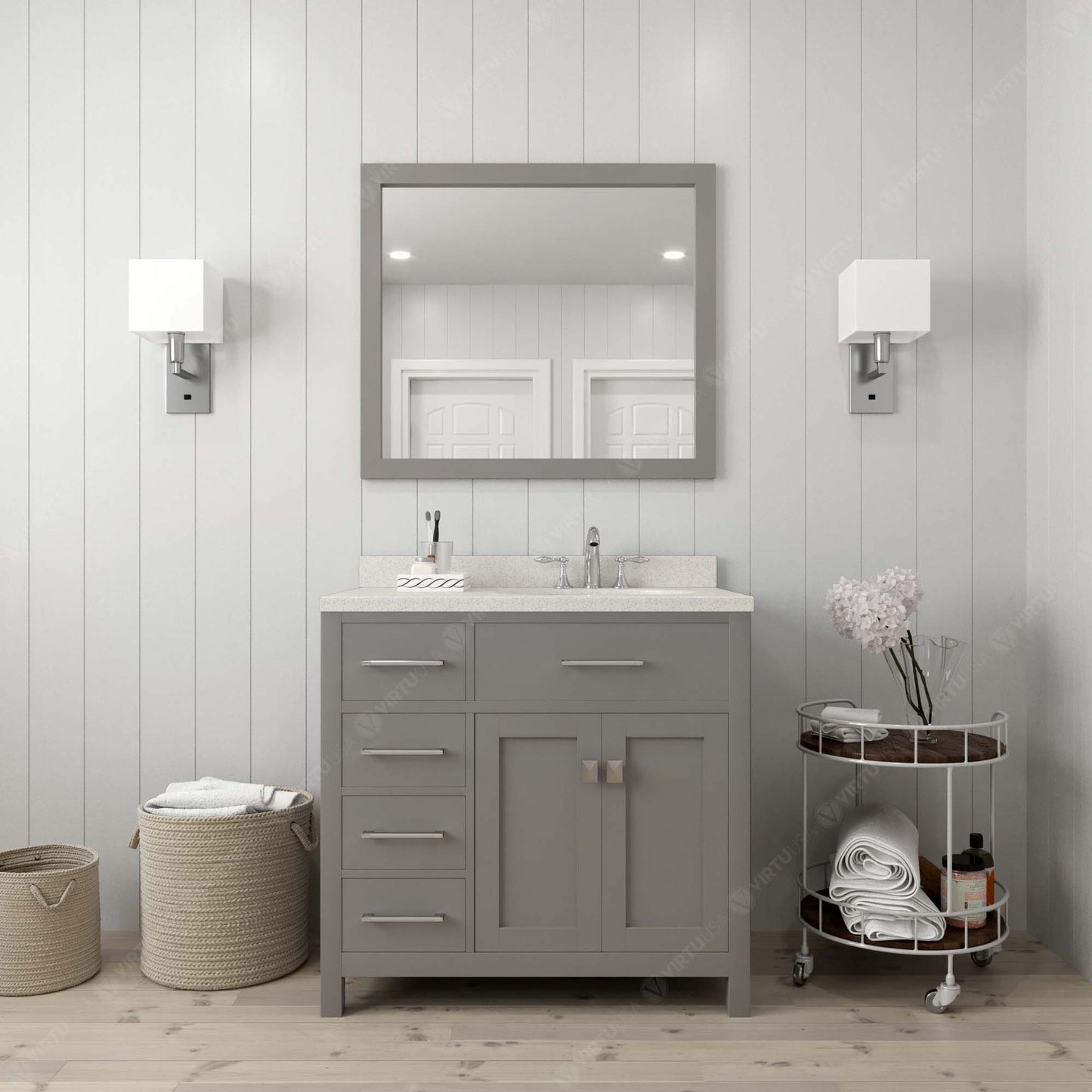 Virtu USA Caroline Parkway 36" Single Bath Vanity with Dazzle White Top and Square Sink with Polished Chrome Faucet and Mirror - Luxe Bathroom Vanities