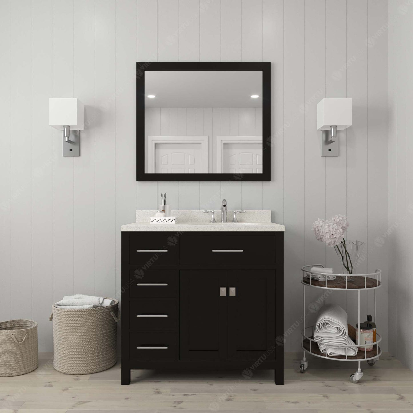 Virtu USA Caroline Parkway 36" Single Bath Vanity with Dazzle White Top and Square Sink with Polished Chrome Faucet and Mirror - Luxe Bathroom Vanities