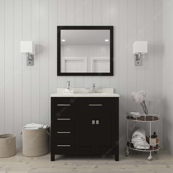 Virtu USA Caroline Parkway 36" Single Bath Vanity with Dazzle White Top and Square Sink with Brushed Nickel Faucet and Mirror - Luxe Bathroom Vanities