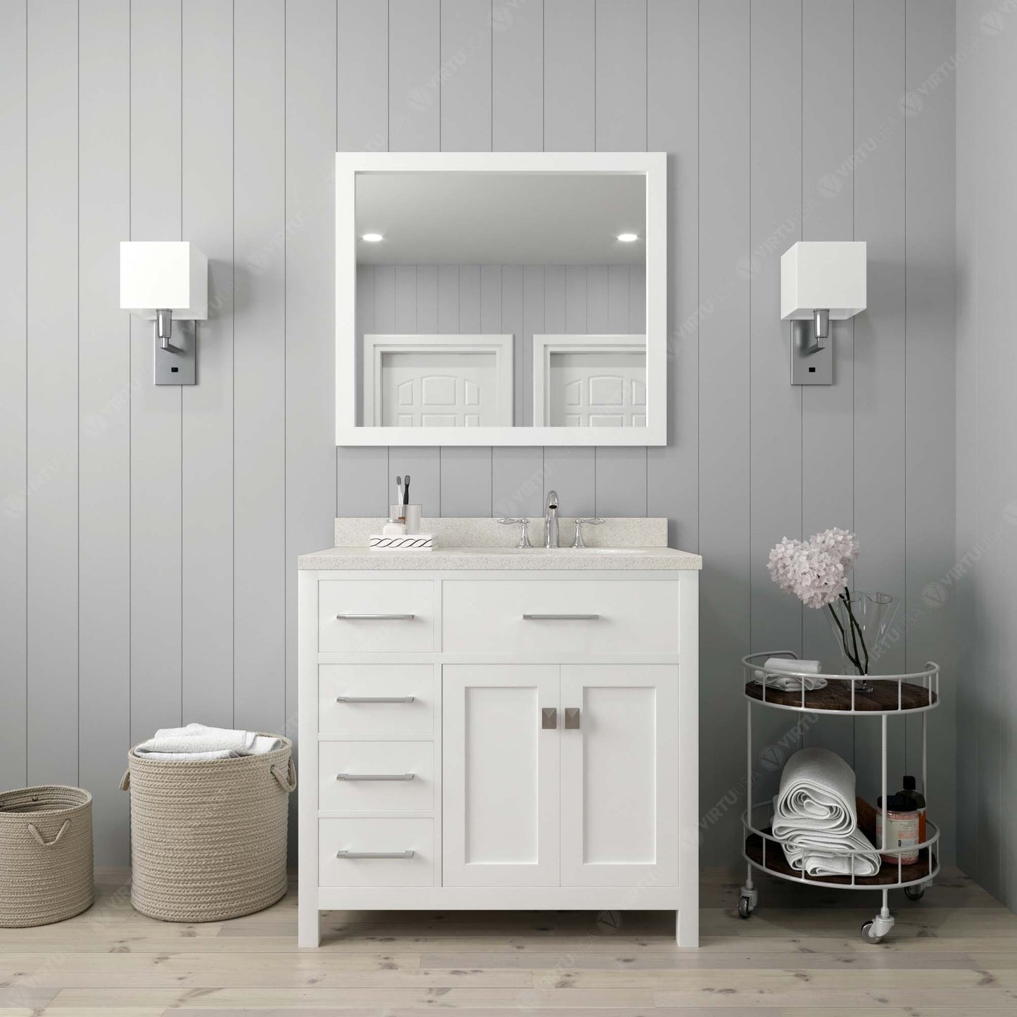 Virtu USA Caroline Parkway 36" Single Bath Vanity with Dazzle White Quartz Top and Square Sink with Brushed Nickel Faucet with Matching Mirror - Luxe Bathroom Vanities