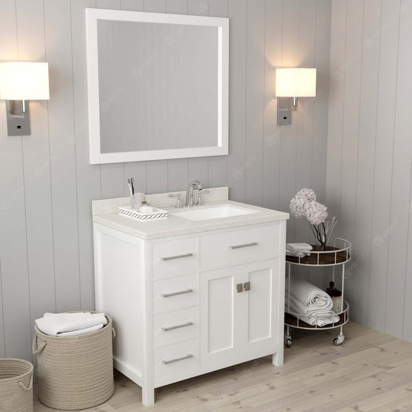 Virtu USA Caroline Parkway 36" Single Bath Vanity with Dazzle White Quartz Top and Square Sink with Brushed Nickel Faucet with Matching Mirror - Luxe Bathroom Vanities