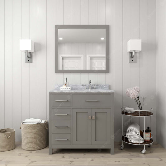 Virtu USA Caroline Parkway 36" Single Bath Vanity with White Marble Top and Round Sink with Matching Mirror - Luxe Bathroom Vanities