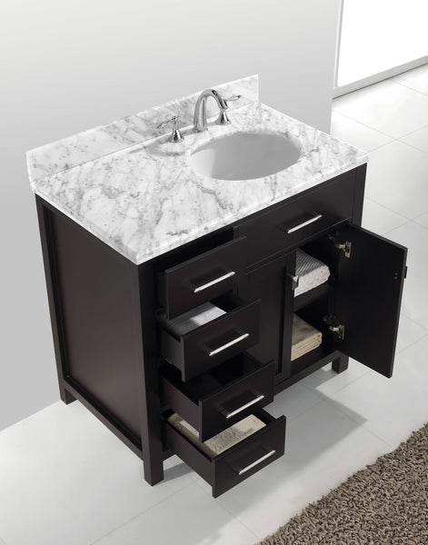 Virtu USA Caroline Parkway 36" Single Bath Vanity with Marble Top and Round Sink with Brushed Nickel Faucet and Mirror - Luxe Bathroom Vanities
