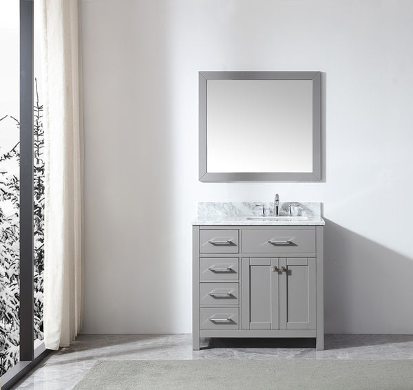 Virtu USA Caroline Parkway 36" Single Bath Vanity with Marble Top and Square Sink with Brushed Nickel Faucet and Mirror - Luxe Bathroom Vanities Luxury Bathroom Fixtures Bathroom Furniture