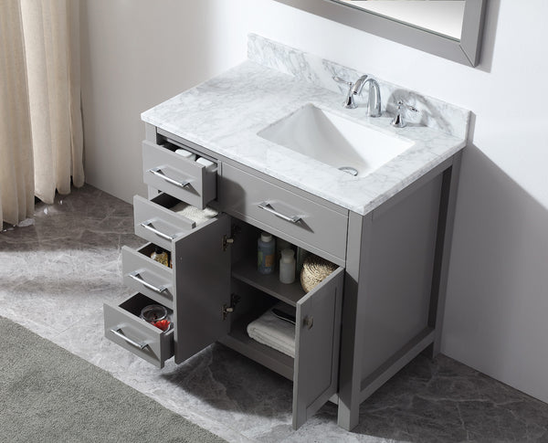 Virtu USA Caroline Parkway 36" Single Bath Vanity with Marble Top and Square Sink with Brushed Nickel Faucet and Mirror - Luxe Bathroom Vanities Luxury Bathroom Fixtures Bathroom Furniture