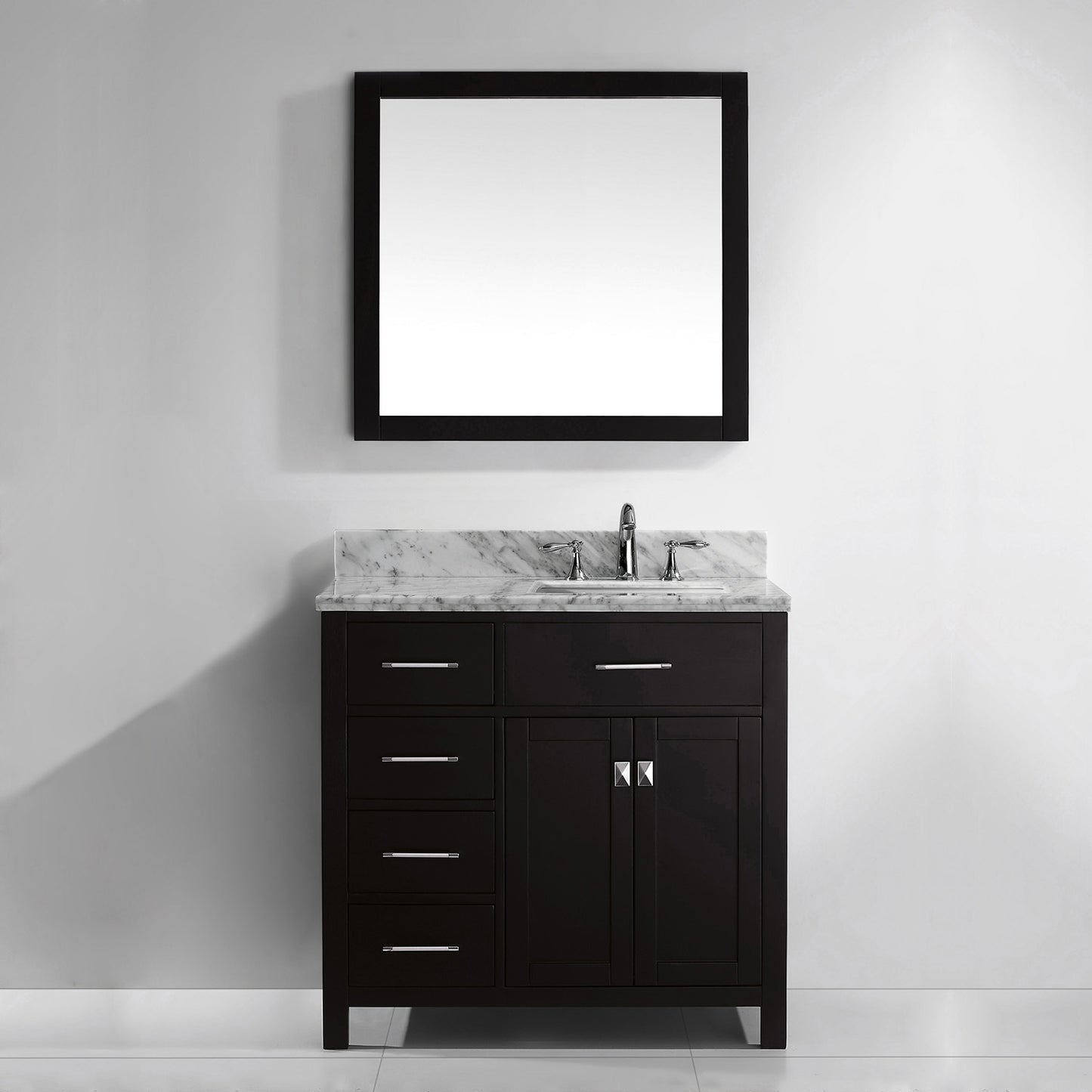 Virtu USA Caroline Parkway 36" Single Bath Vanity with Marble Top and Square Sink with Brushed Nickel Faucet and Mirror - Luxe Bathroom Vanities Luxury Bathroom Fixtures Bathroom Furniture